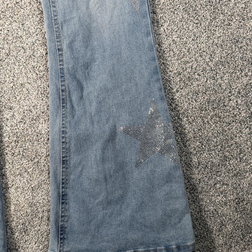 Madden Girl Flare Jeans Juniors 3 28x31 Low Rise Blue Light Rhinestone Stars - Picture 2 of 14